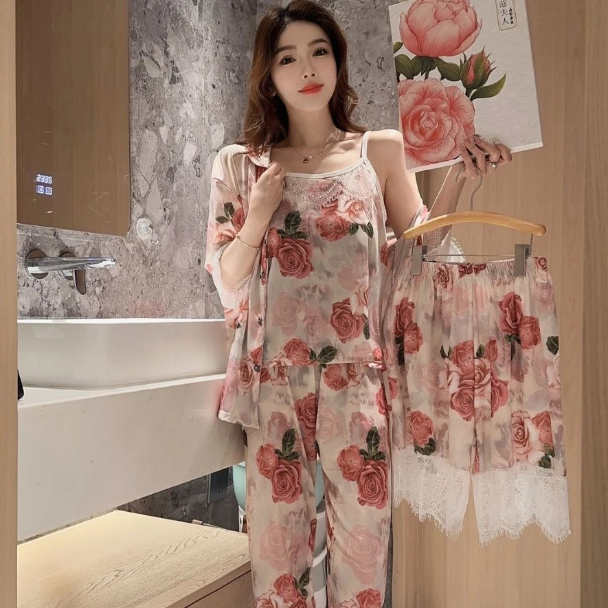 春夏新品浪漫玫瑰睡衣四件套女蕾丝边高级感轻奢家居服睡衣礼盒装