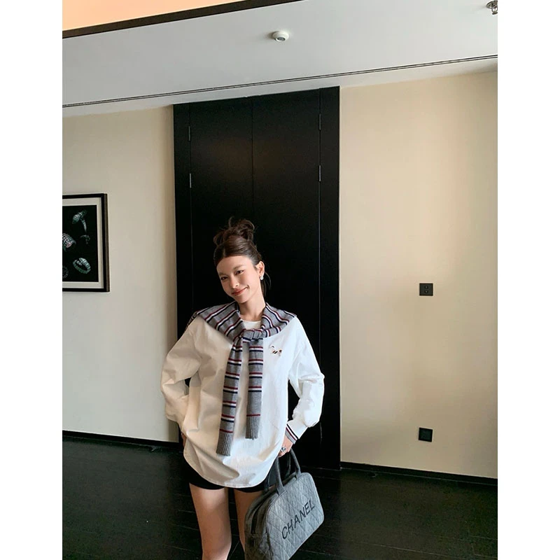 新款休闲百搭简约时尚宽松长袖T恤上衣条纹披肩高腰修身显瘦短裤