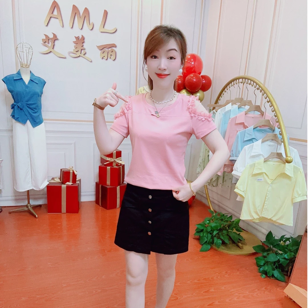 AML5 花边网纱拼接设计感时尚百搭修身显瘦2025夏季新款女T恤上衣