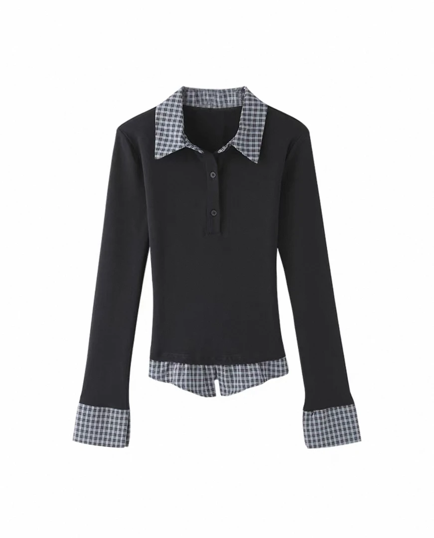 （陶总福利）格子拼接设计感学院风针织格纹长袖T恤  52