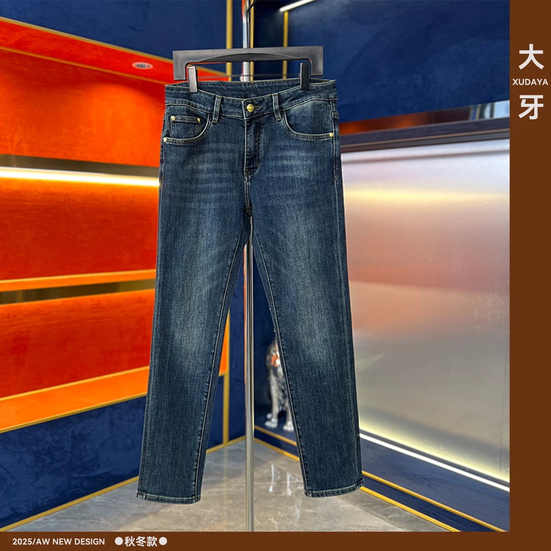 【大牙】8218#深兰色牛仔裤2025秋冬商务休闲高端男士修身小直筒裤