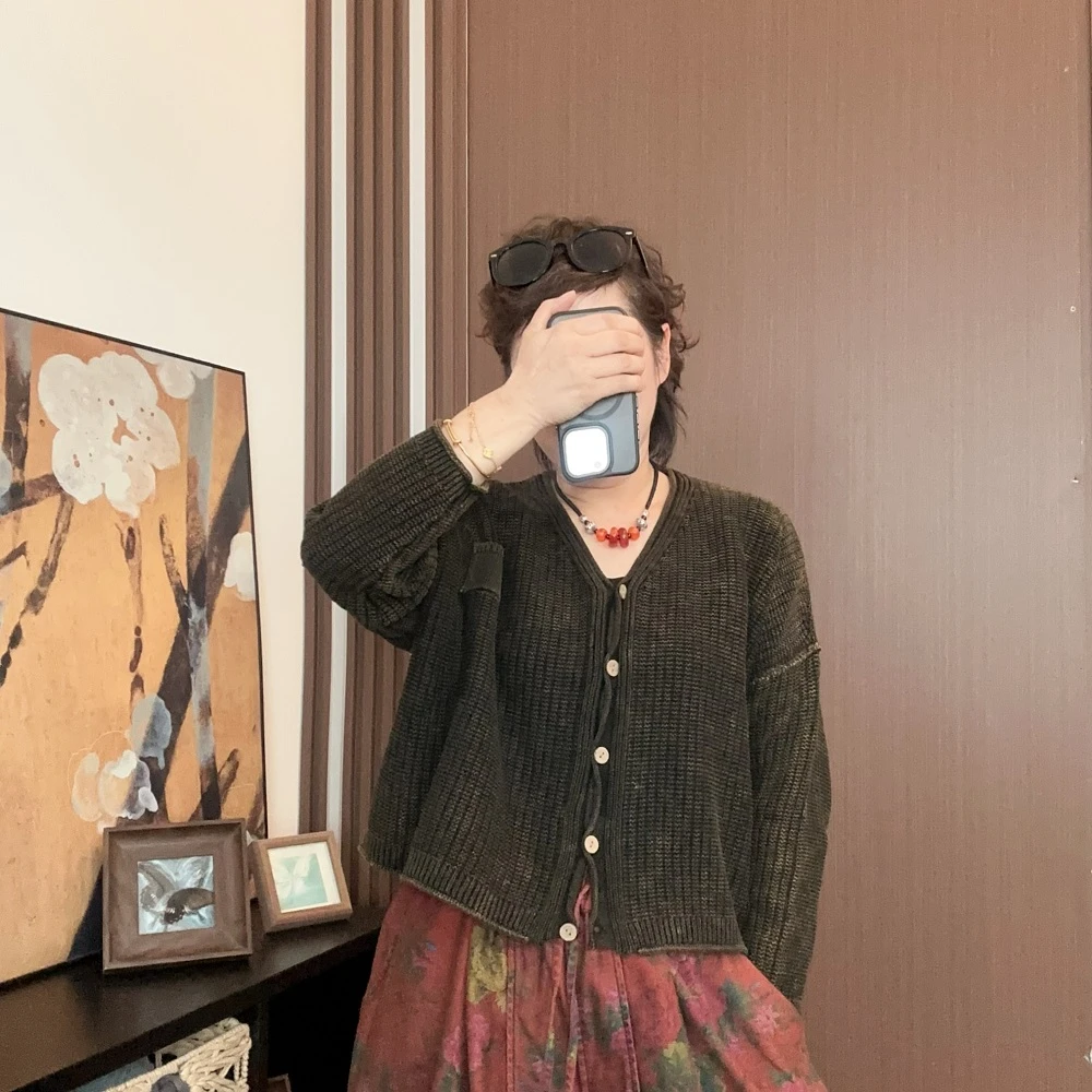 C3327早秋新款炒色V领毛衣女短款开衫48长145胸围