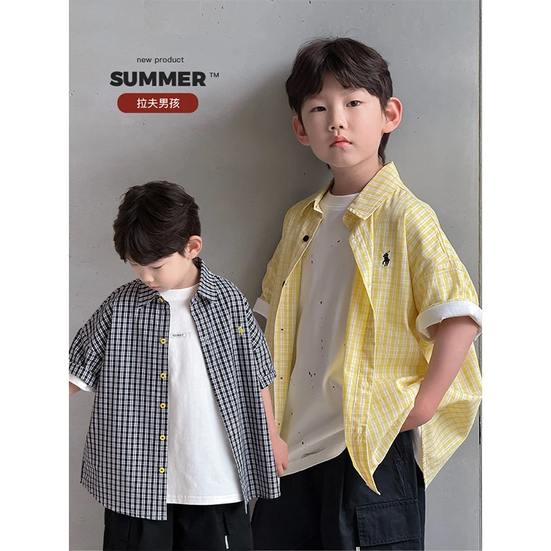 【T恤 剩110-150码】中大童男童刺绣格子衬衫 伍 DZ4600