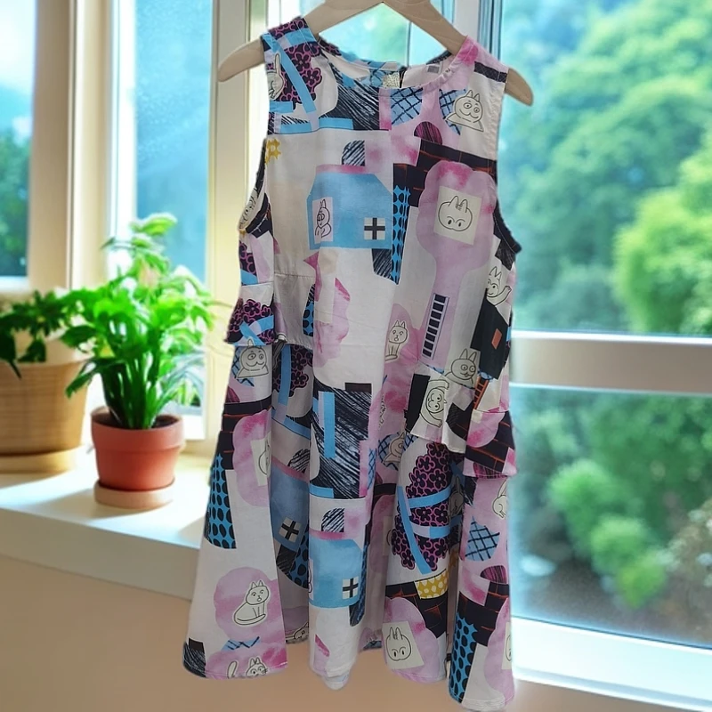 女小童碎花卡通百褶睡裙套装夏季背心裙女童连衣裙