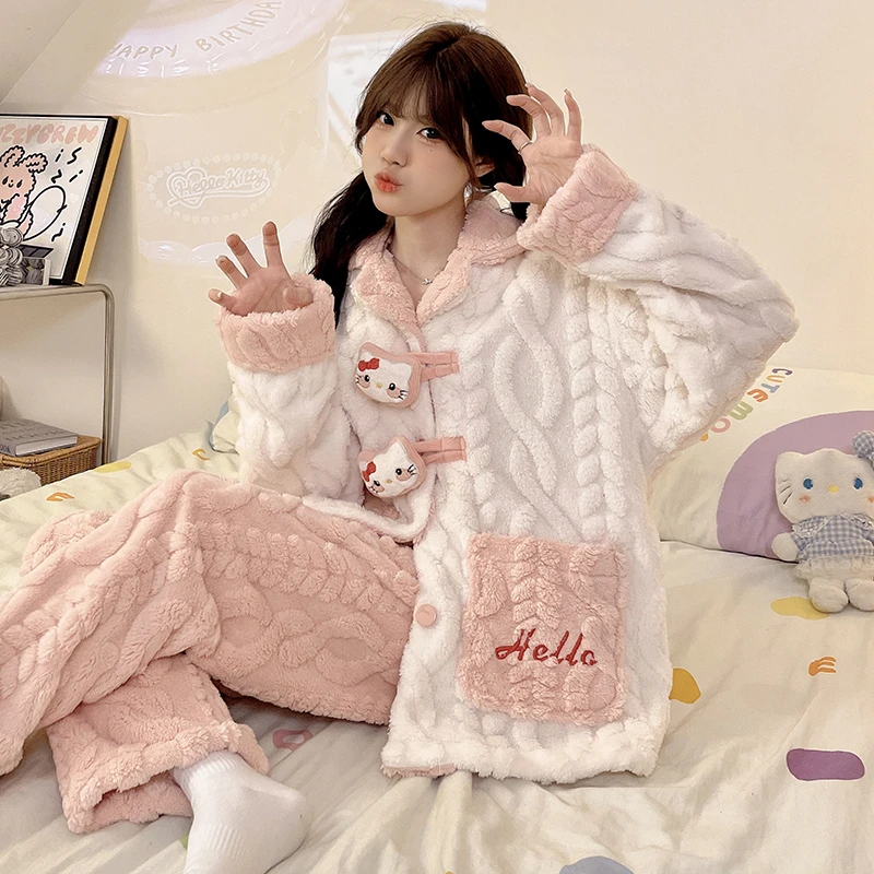 珊瑚绒睡衣女款冬季卡通凯蒂猫加厚加绒长毛绒套装新款保暖家居服