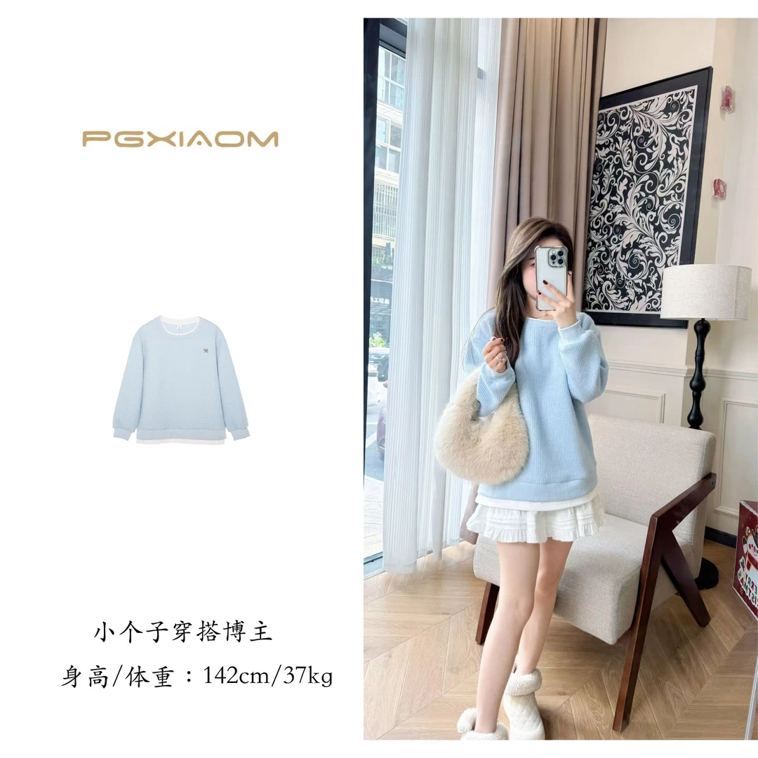 【PGXIAOM】润秀定制蓝色拼接假两件针织毛衣WY9590