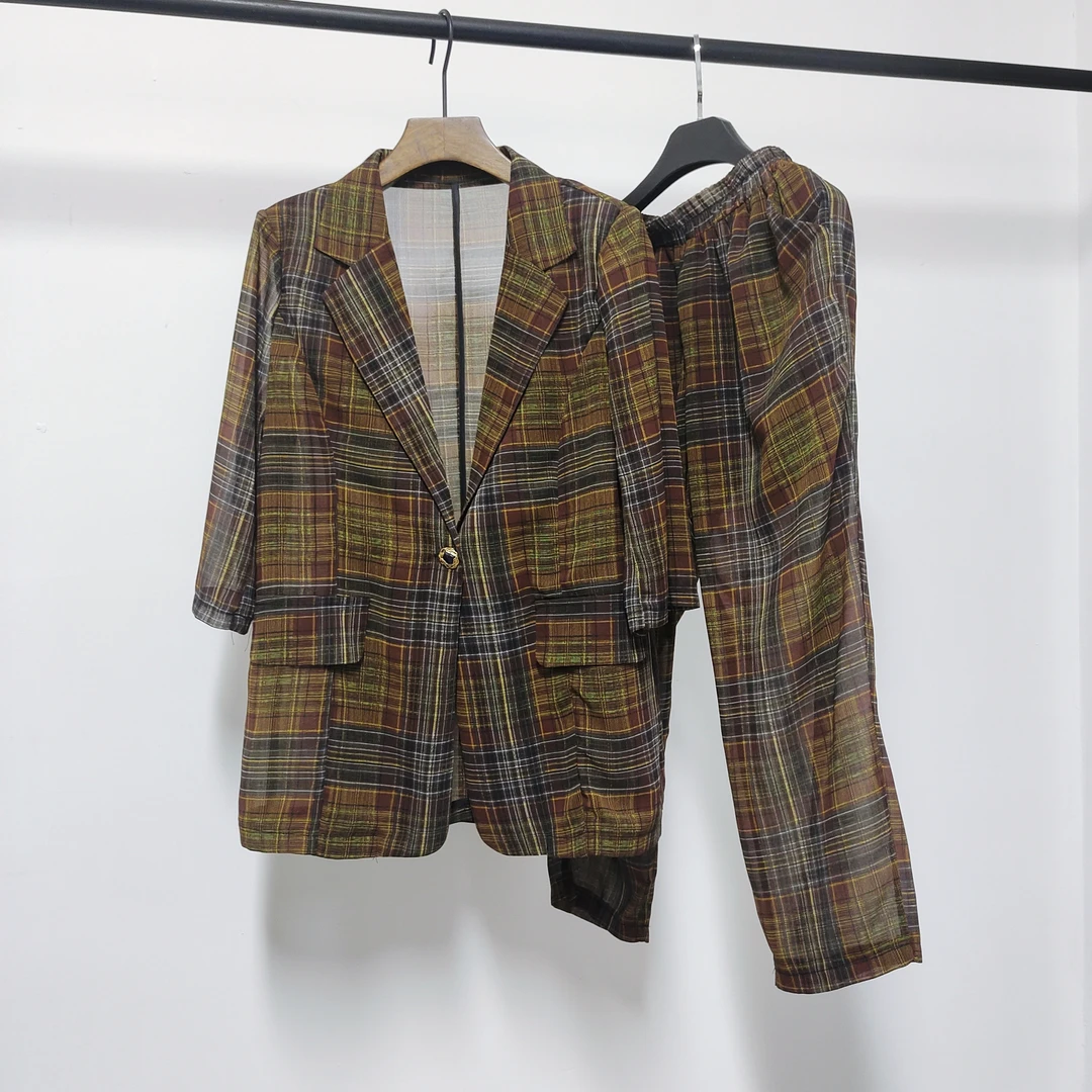 LEDS  A023夏季ins风休闲时尚百搭上衣格子印花设计师套装