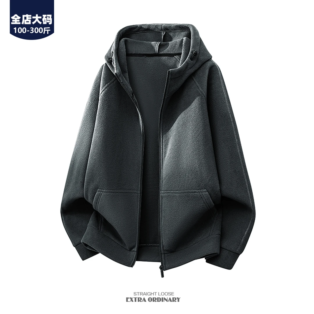 胖胖森大码连帽外套男秋冬宽松休闲运动防风保暖卫衣加肥加大帽衫