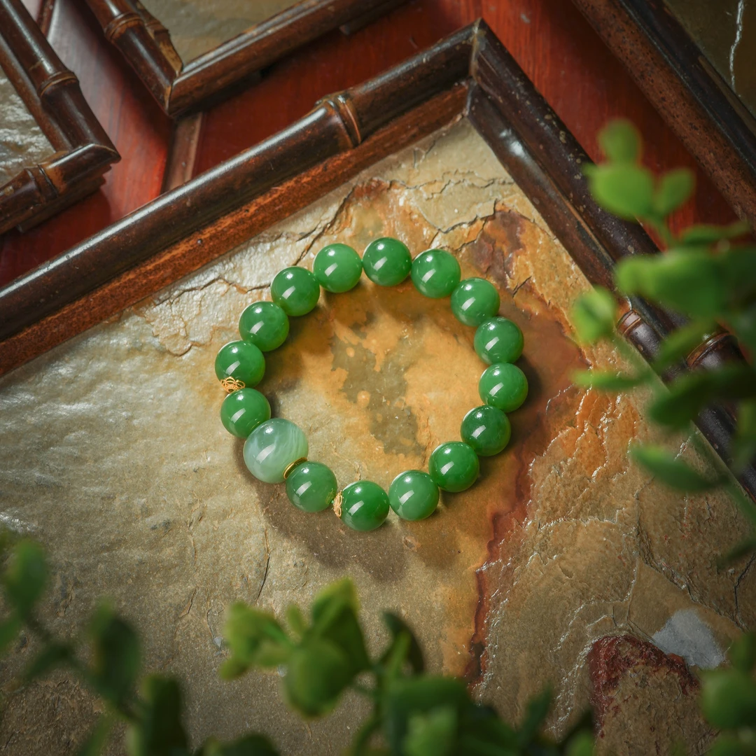 翠卿·传世级和田玉老俄碧18K金手串AS0890约12mm