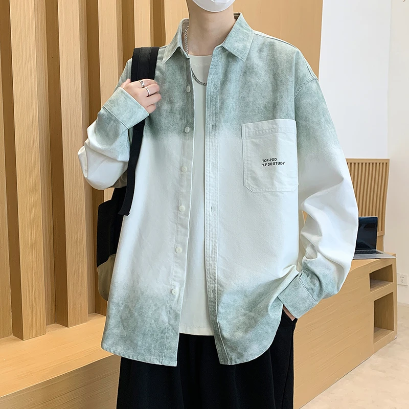 春秋季新款青少年休闲长袖开衫衬衣男潮流复古翻领渐变色宽松衬衫