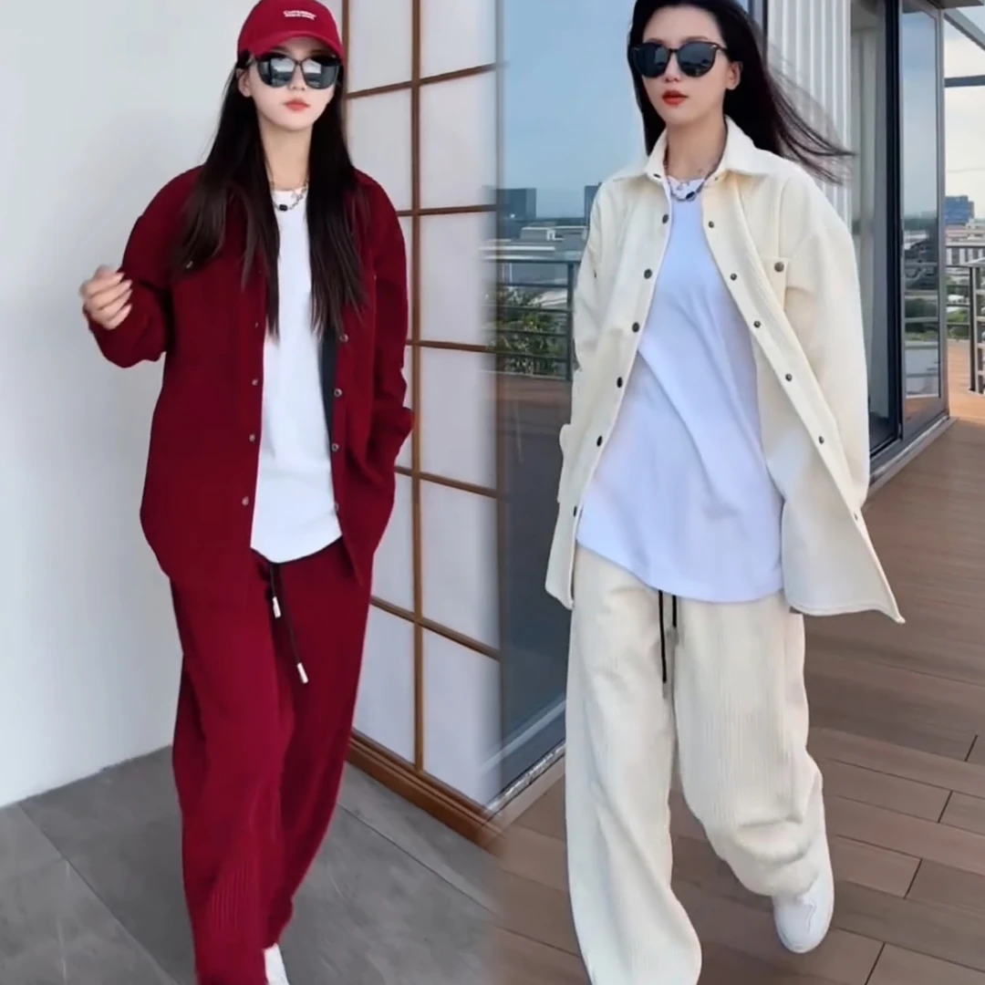 春秋新款男士男装雪尼尔休闲时尚套装条纹衬衫外套休闲裤两件套