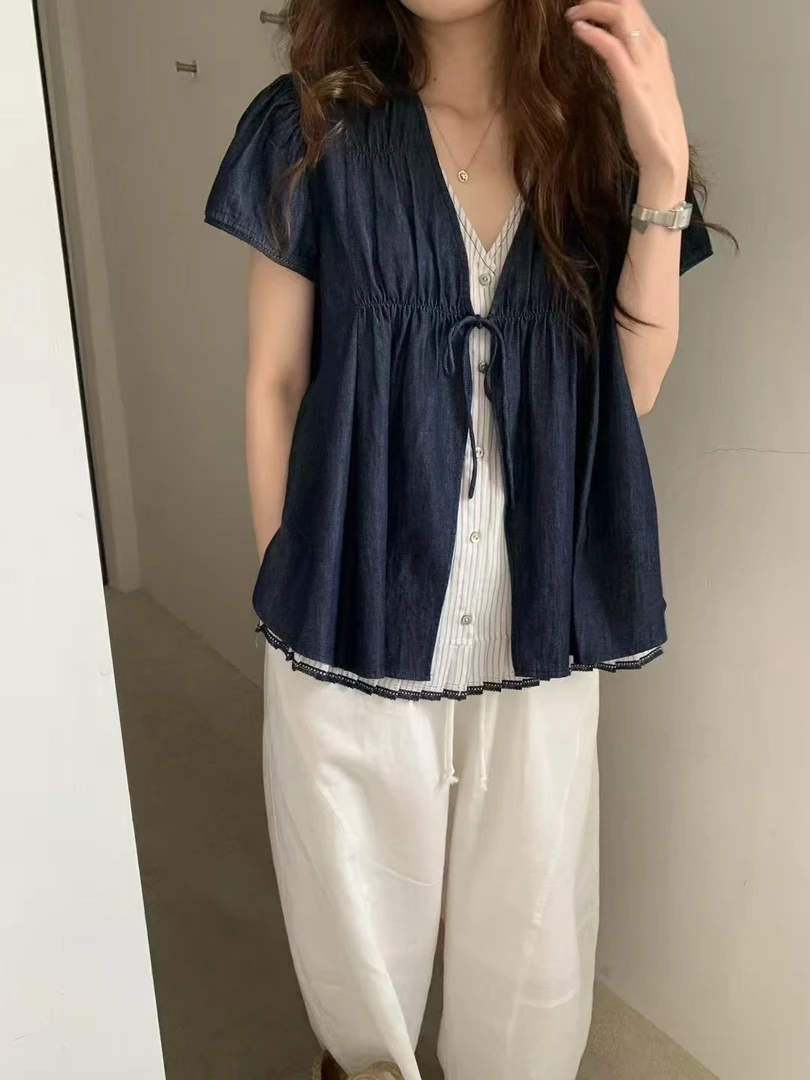 夏季新款设计感重工系带条纹牛仔假两件衬衫女