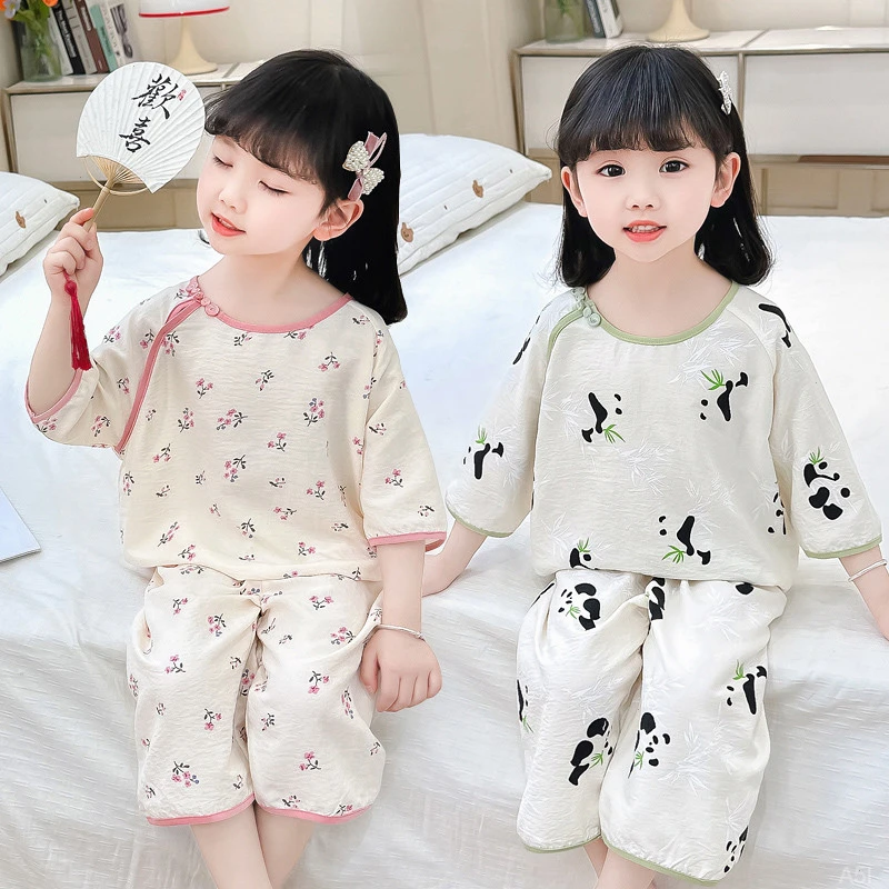 女童中式睡衣薄款家居服套装中国宝宝夏季新款空调儿童服薄款透气
