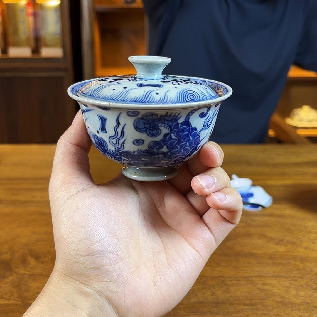 朝岚夕霞明青花貔貅盖碗全手绘原矿釉烧制