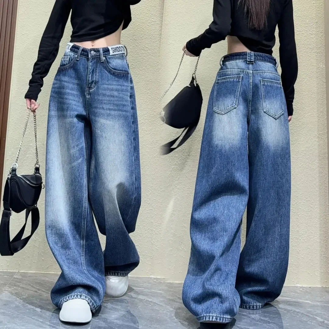 蓝色直筒裤复古加绒加厚慵懒风2025秋冬时尚中腰牛仔裤磨白裤子