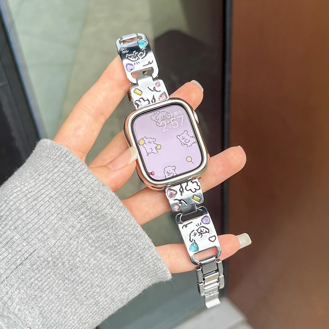 适用apple watchS10表带新款可爱小狗彩钻金属iwatchS9/8替换腕带