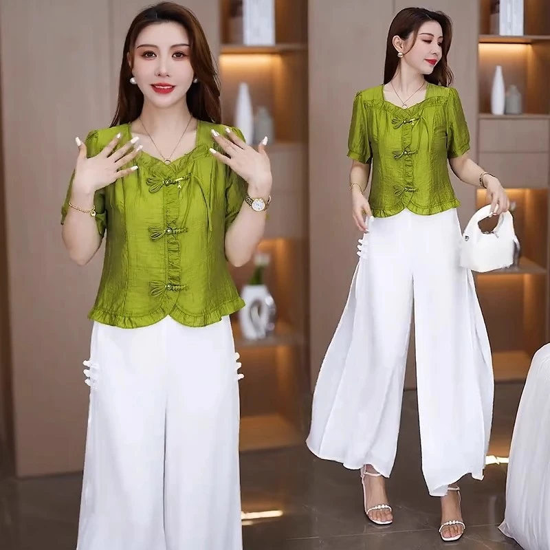 新中式时尚套装女2025夏季新款洋气显瘦盘扣小衫阔腿裤气质两件套
