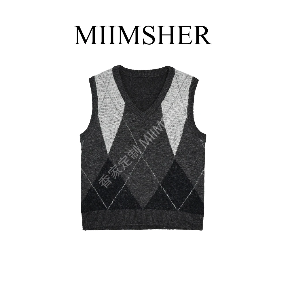 重磅羊驼毛羊毛混纺菱格V领廓形软糯针织背心秋季上衣女MS244155