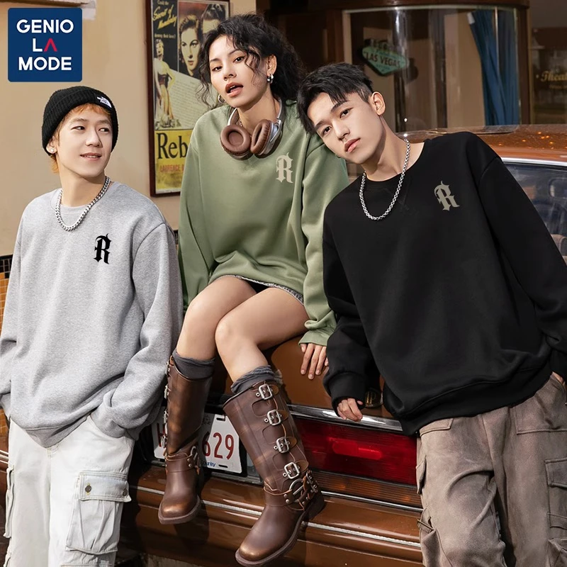 GENIOLAMODE加绒卫衣冬季美式R字印花长袖上衣男生宽松大码套头衫