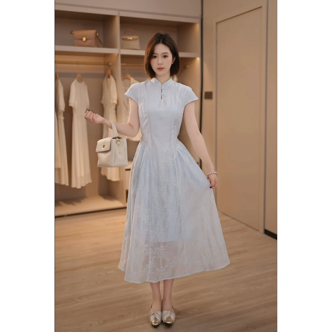 D&Q STUDIO新中式轻国风刺绣连衣裙女夏季法式复古气质收腰显瘦