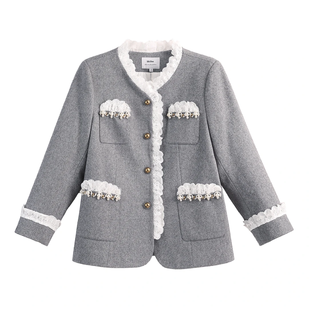 【明星同款小香风毛呢外套】MsShe大码女装新冬钉珠棉服E2411066