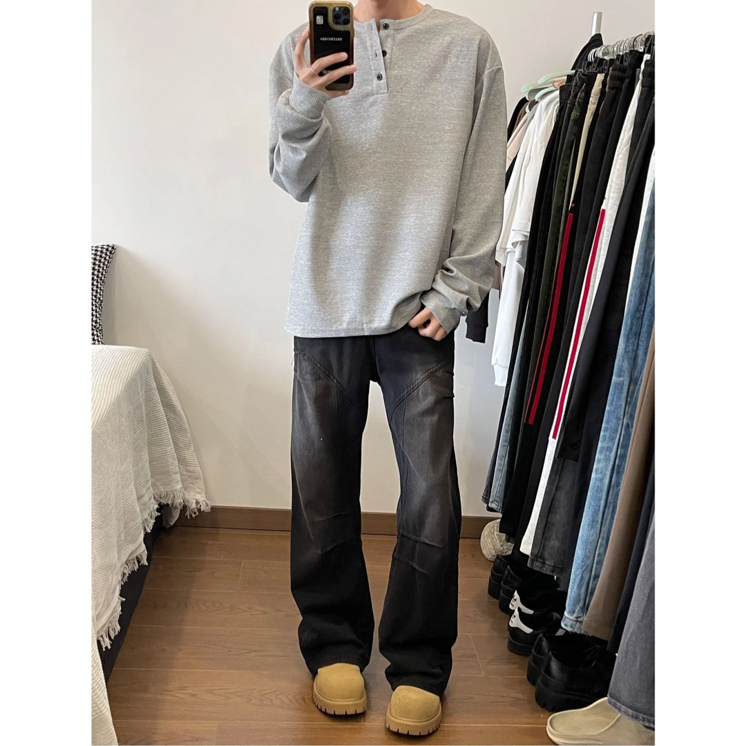 2025松弛感亨利领T恤男士百搭宽松复古体恤衫休闲运动上衣tee高街