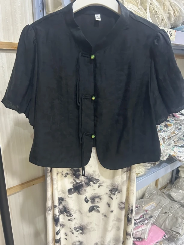 碎花新中式国风套装裙女夏季轻熟风气质洋气禅意款式裙子黑色时尚