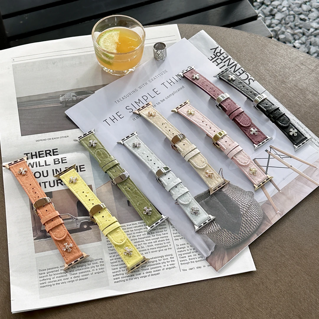 克罗心鸵鸟纹真皮蝴碟扣适用于苹果手表表带iwatch1-11代S9876543