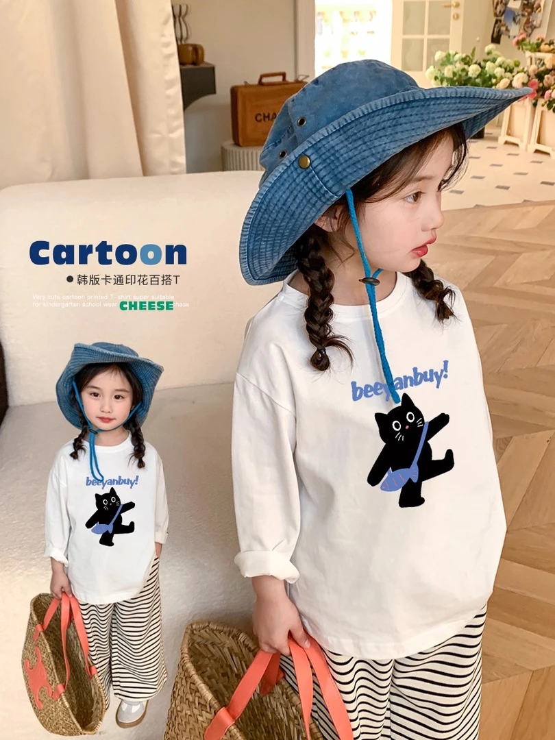 儿童纯棉长袖t恤2025新款中小童女孩圆领春秋装上衣女童卡通印花T