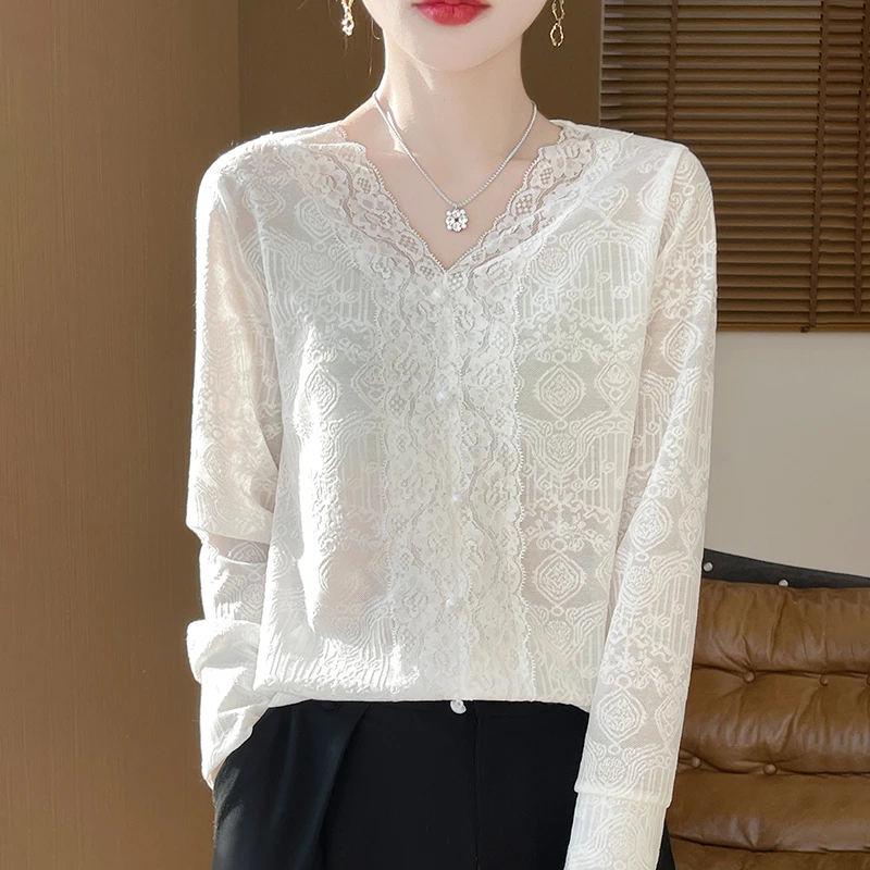 V领女神~精纺蕾丝边百搭内搭长袖针织衫春夏新款法式浪漫上衣