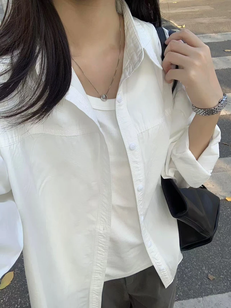 100%纯棉衬衫女叠穿内搭外套宽松遮肉百搭长袖简约衬衣开衫ins潮