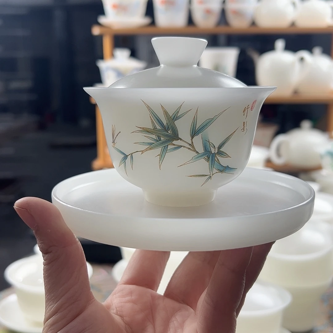 素烧璞玉带壶承+二才盖碗竹影款