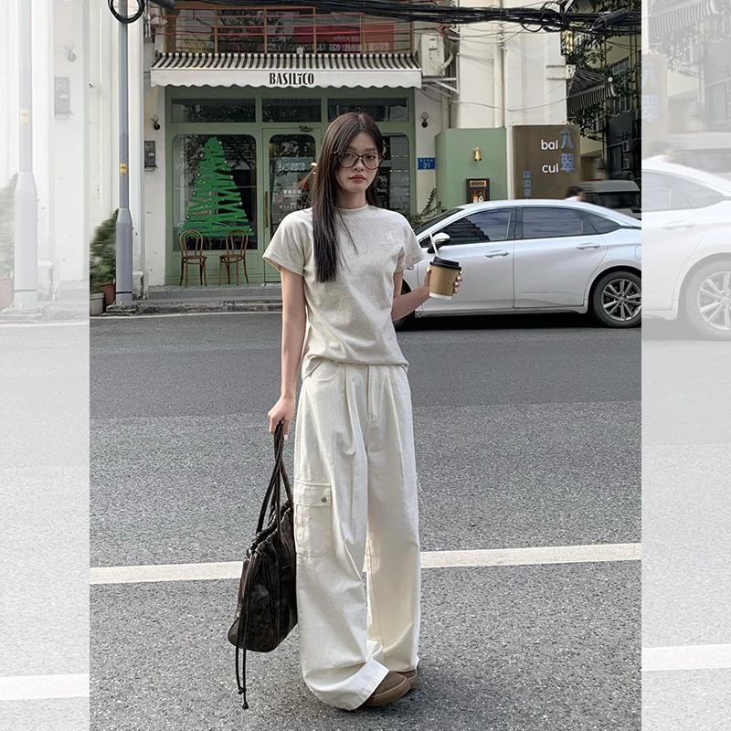小秋家白色直筒工装裤女款阔腿裤春秋新款小个子宽松洋气拖地长裤
