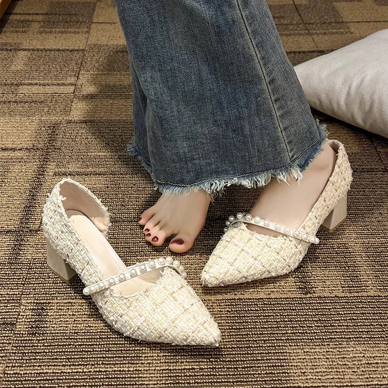 2025春新款女鞋浅口尖头粗跟高跟玛丽珍鞋子温柔小香风单鞋女皮鞋