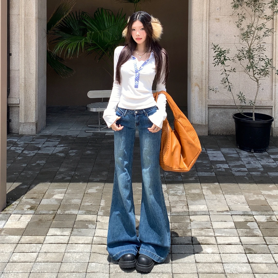 早秋新款&美式复古弹力显瘦微喇牛仔裤女