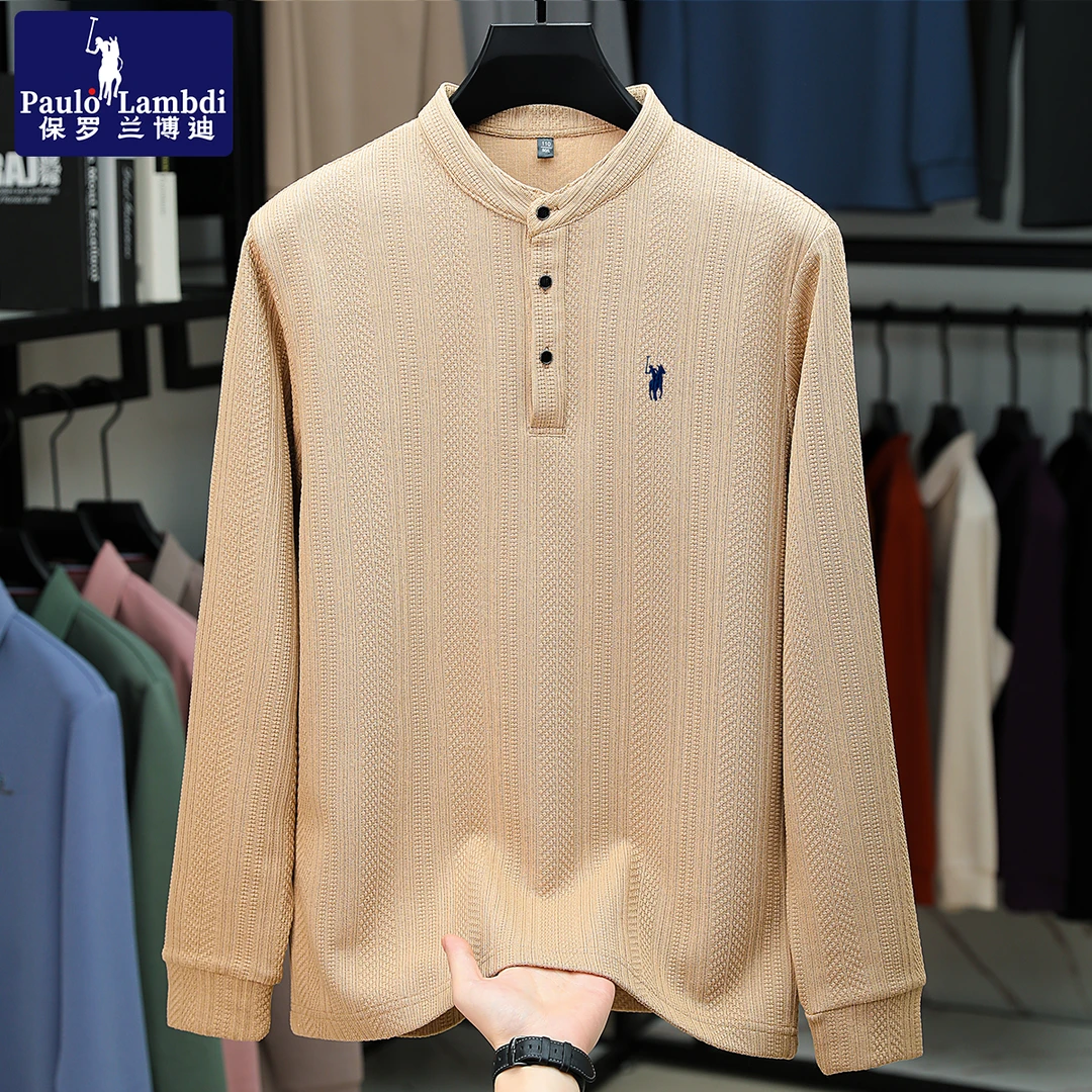 保罗秋季新款长袖t恤男士立领提花时尚休闲高档刺绣针织男装上衣
