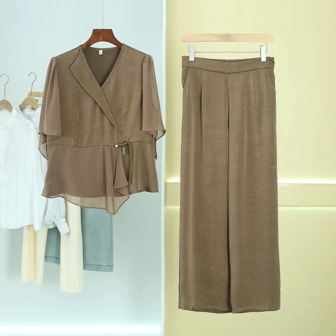 夏季优雅气质雪纺拼接V领上衣提花阔腿裤两件套XT120