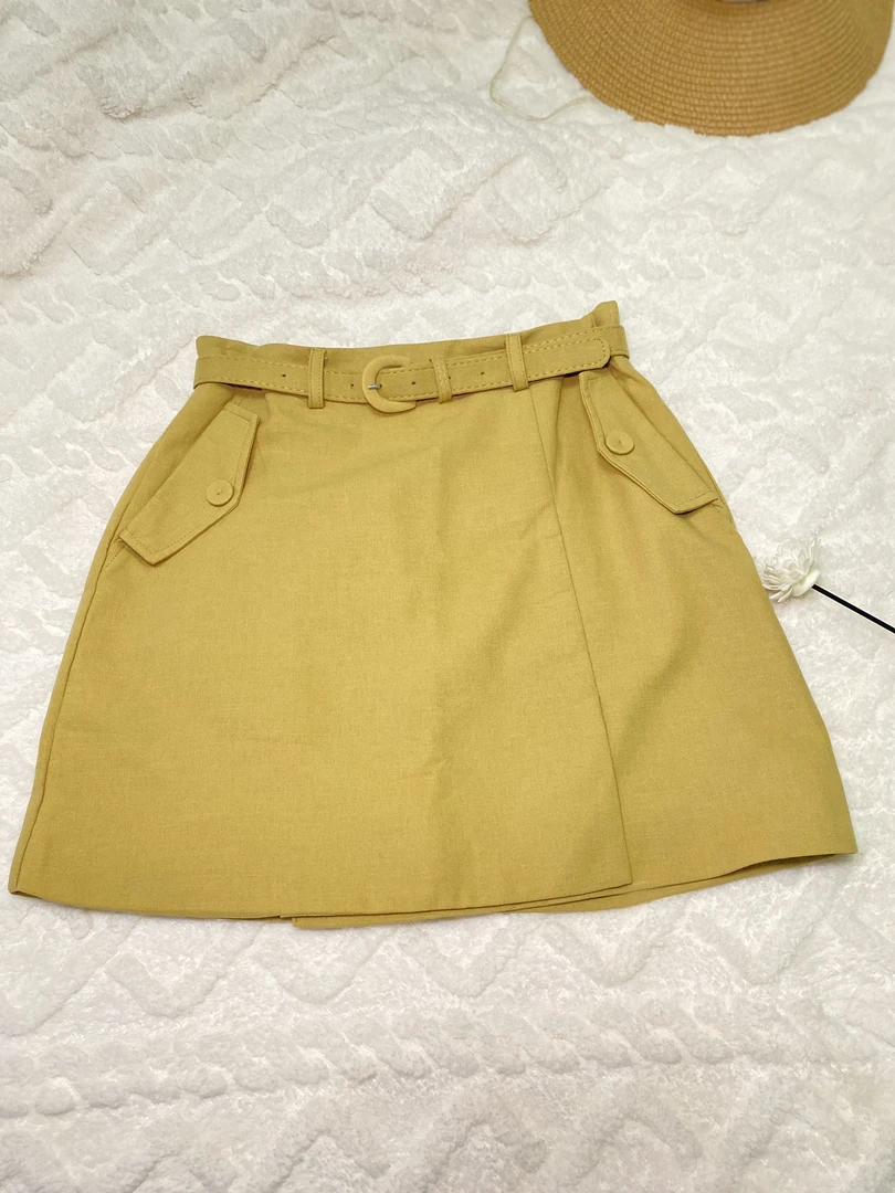 A510云雀黄清新装饰袋短裙配腰带休闲时尚夏季百搭A字气质半身裙