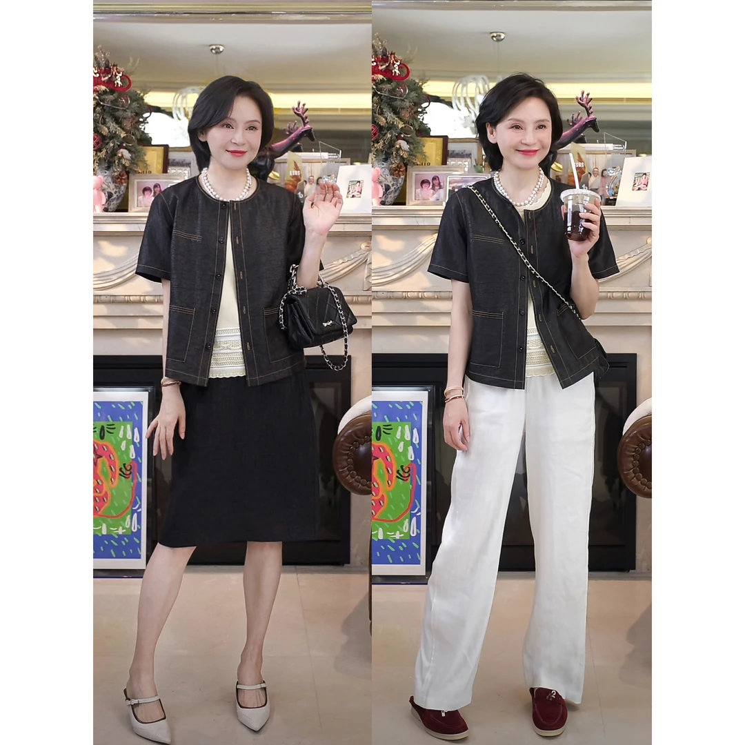 RuienCo.南洋小香 100桑蚕丝龟裂纹香云纱复圆领短袖夏上衣