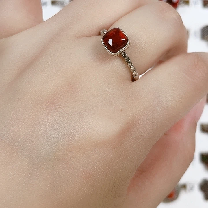 血珀银S925镶嵌戒指天然