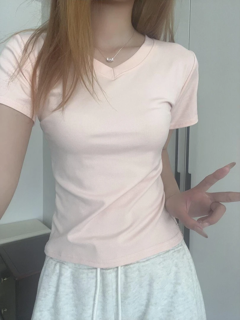 40支纯棉小众基础款纯色百搭V领短袖t恤女夏季修身显瘦粉色上衣服