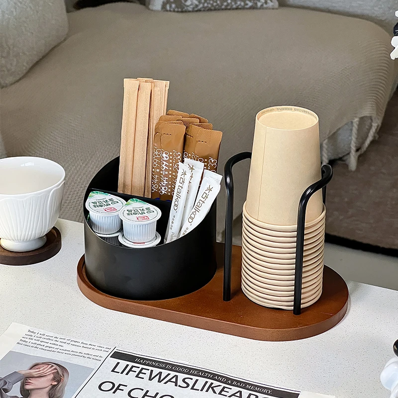 胡桃木纸杯架高级感一次性杯子取杯器桌面收纳咖啡茶包水杯置物架