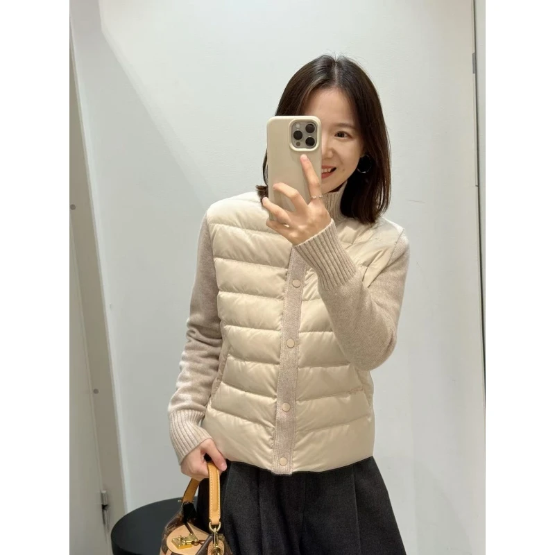 2026秋冬新款韩系简约立领拼接针织袖棉服外套百搭显瘦休闲裤套装