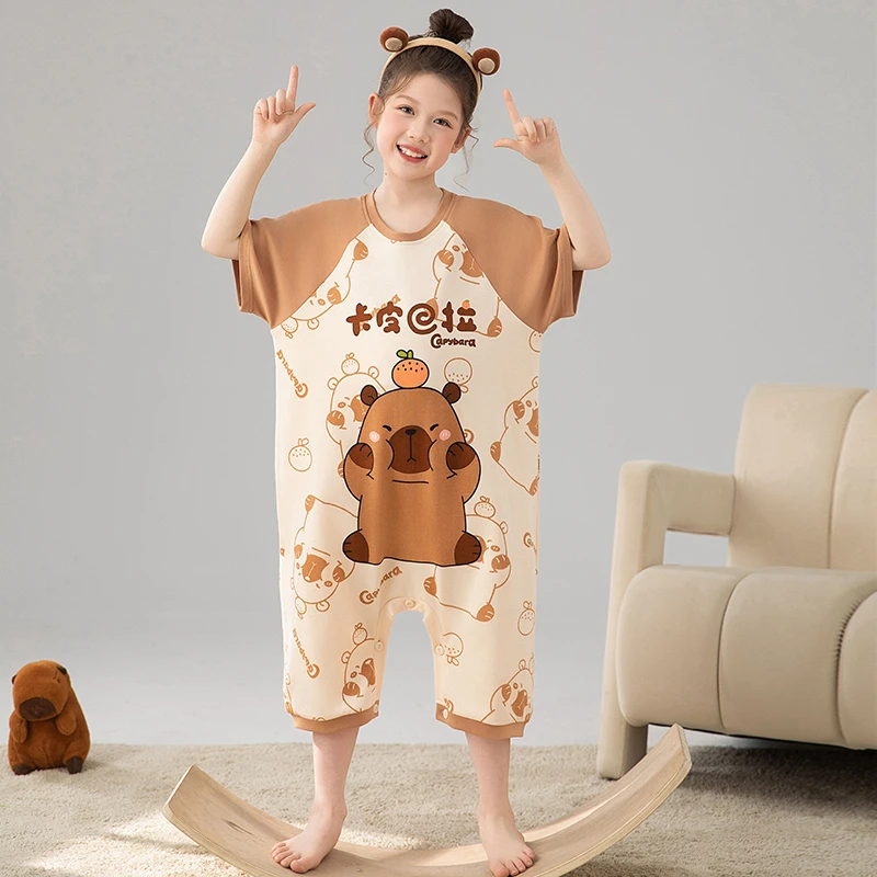 女童连体睡衣夏季100%纯棉短袖防踢连身家居服卡通风女孩宝宝睡袋