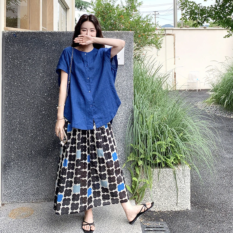 今年流行爆款时尚洋气减龄显瘦遮肉减龄蓝色衬衫格子半身裙两件套