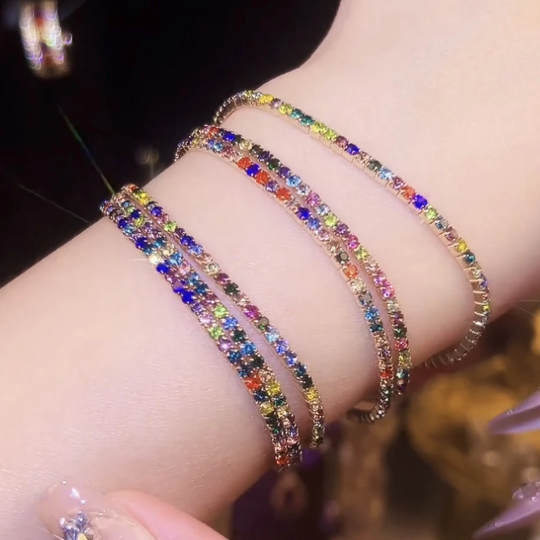 铜合金锆石手链 法式镶钻锆石细手链彩色弹力2mm手串网球手链百搭