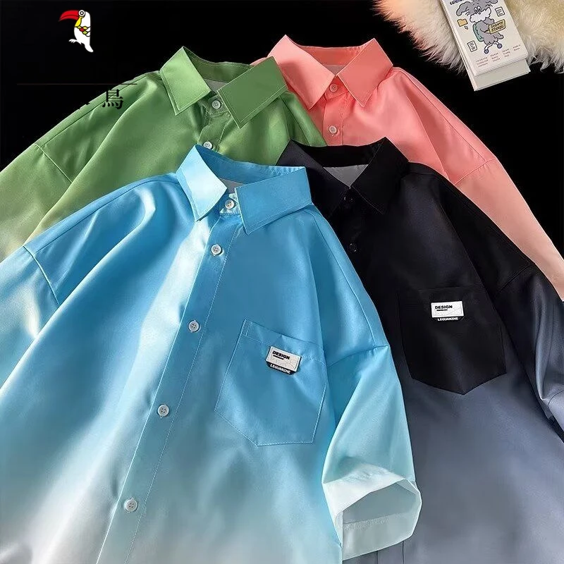 衬衫男夏装港风学生宽松小众设计感趣味新款男装上衣渐变