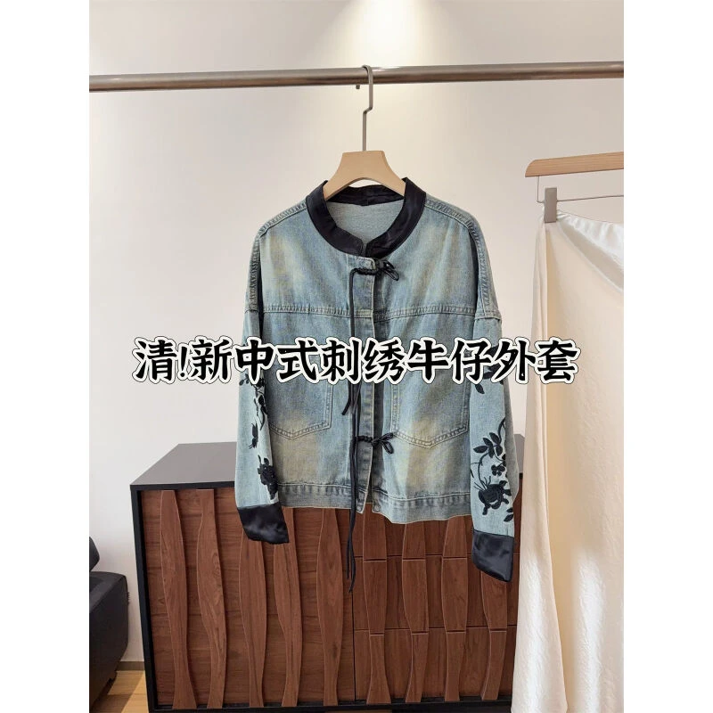 清仓 新中式国风复古刺绣盘扣牛仔外套