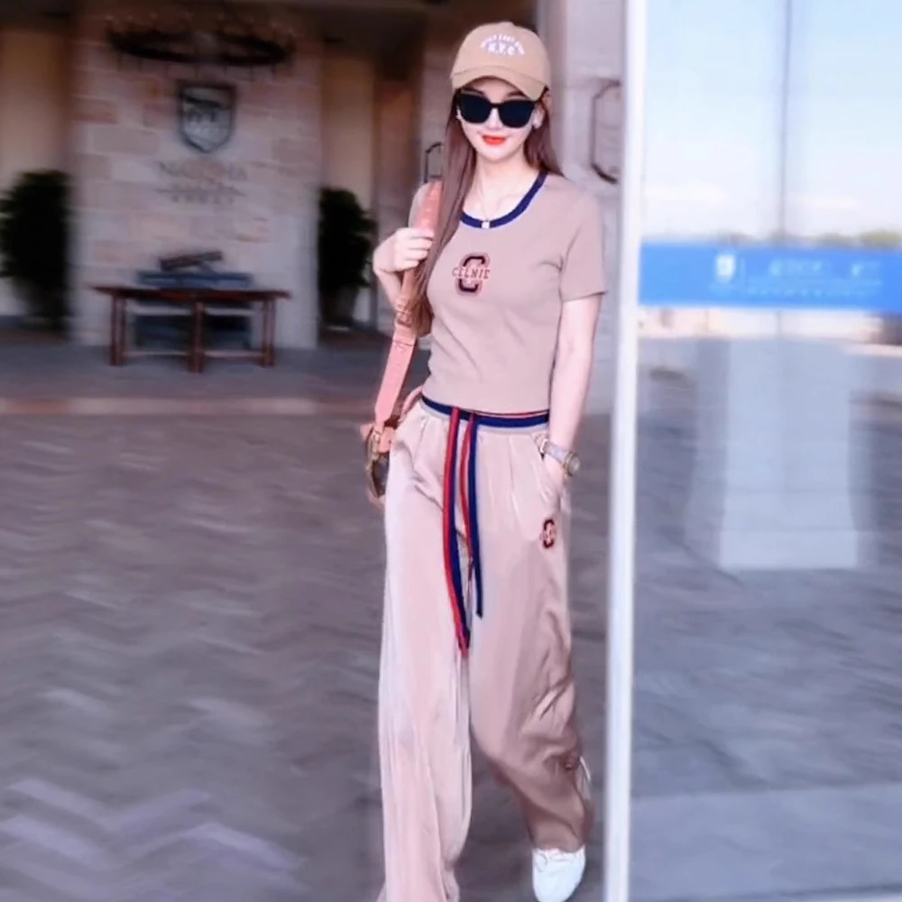 时髦欧货杏色收腰显瘦上衣阔腿裤套装韩休闲新款阔腿运动两件套女