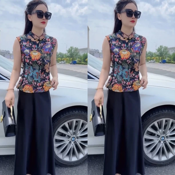 新中式国风时尚套装2025夏季新款复古盘扣马甲半身开衩长裙两件套